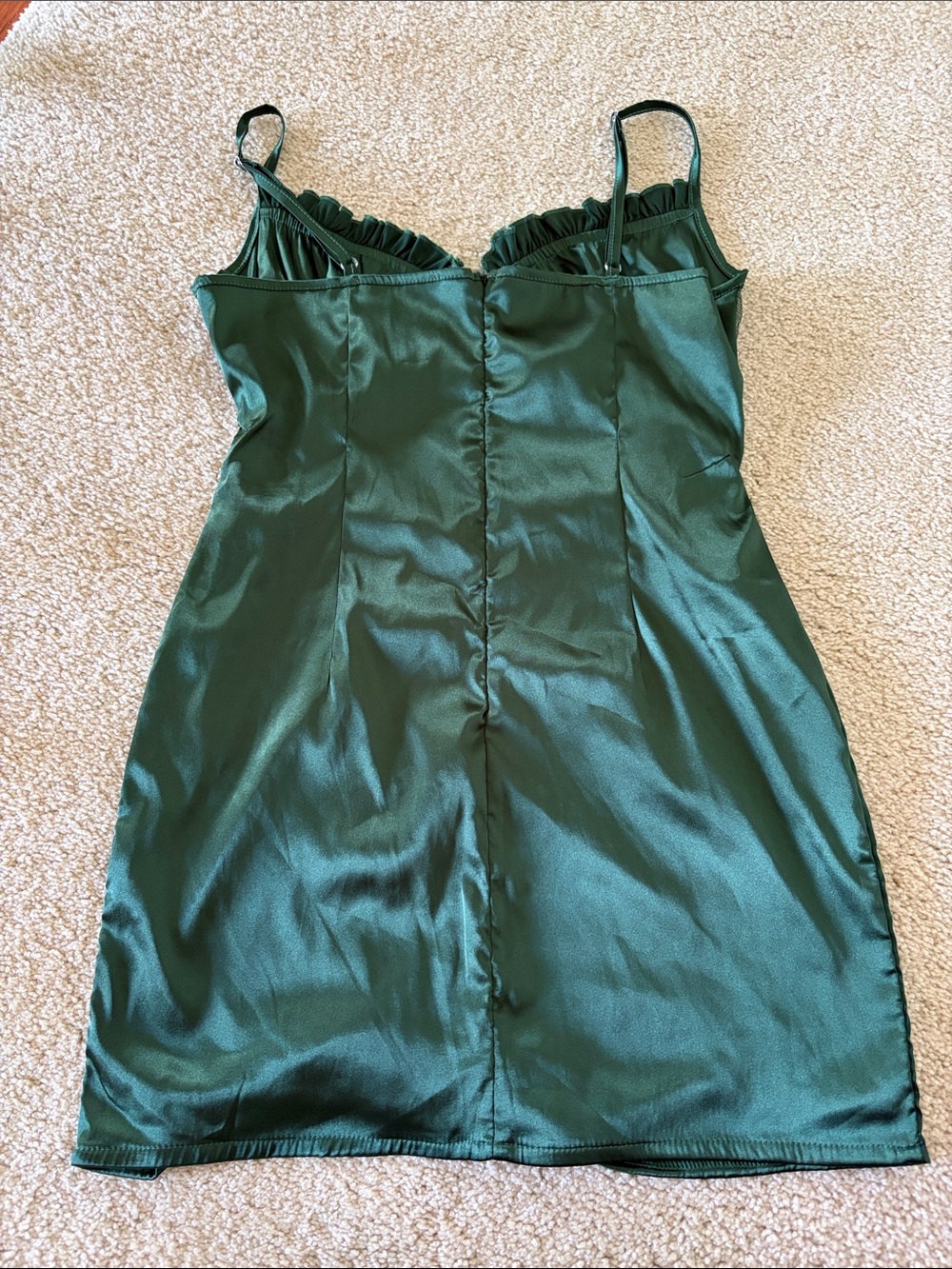 Amazon Dark Green Satin Lace Chemise with Ruffle Trim - Picture 3 of 4